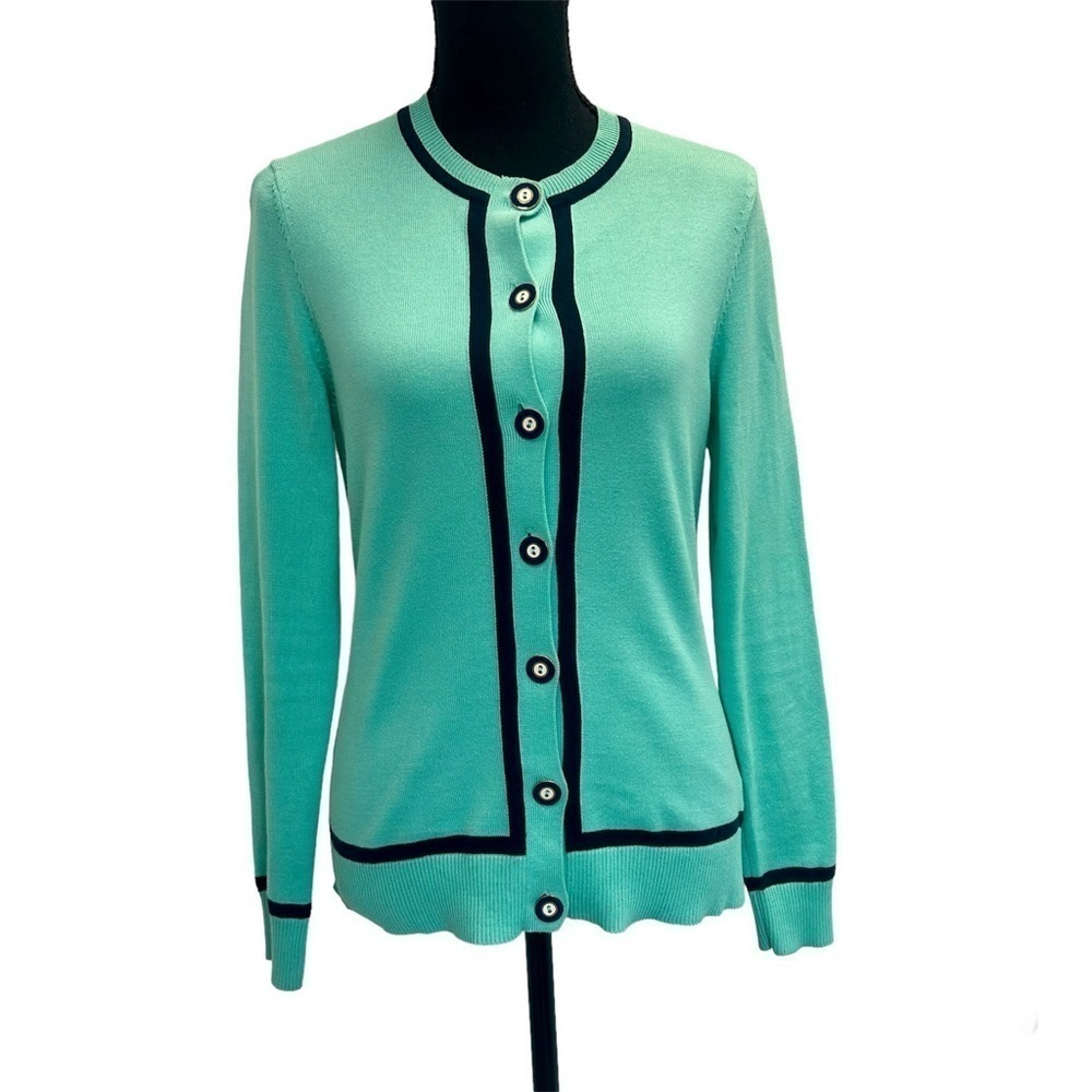 Brooks Brothers “346” 100 % Supima cotton teal blue black trim cardigan sweater